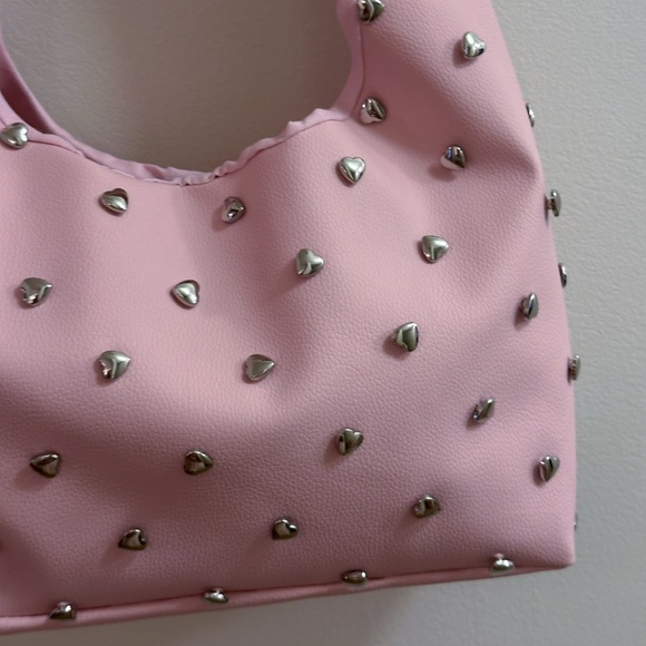 Handmade Light Pink Faux Leather Silver Stud Hearts Studded Beaded Shoulder Bag - Picture 7 of 10